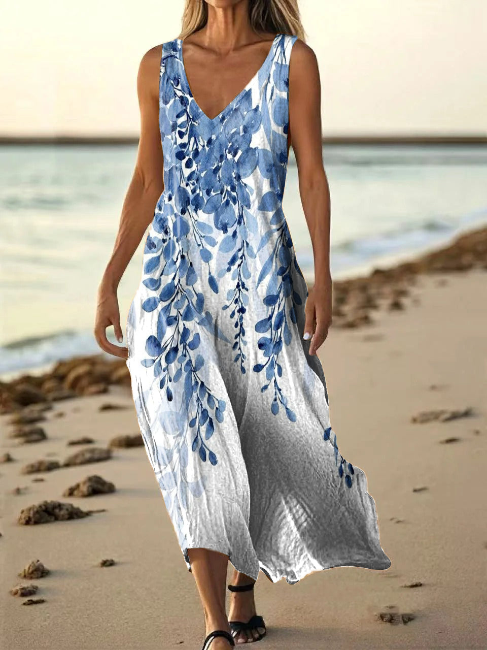 Women's Gradient Floral Art Print Sleeveless V Neck Pocket Cotton Dres