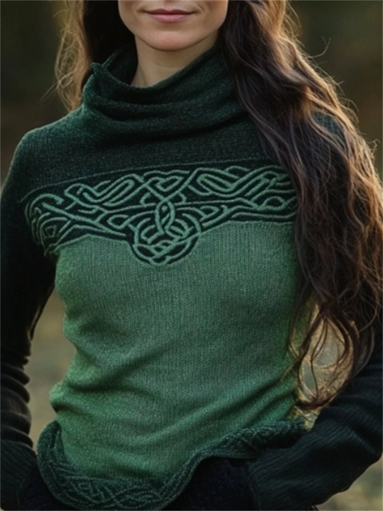 Classic Celtic Jacquard Contrast Color Turtleneck Sweater artswardrobe