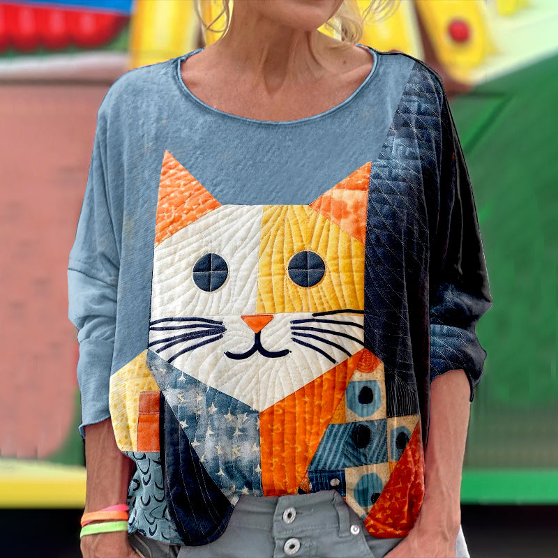Comstylish Women's Cute Cat Patchwork Art Long Sleeve T-shirt