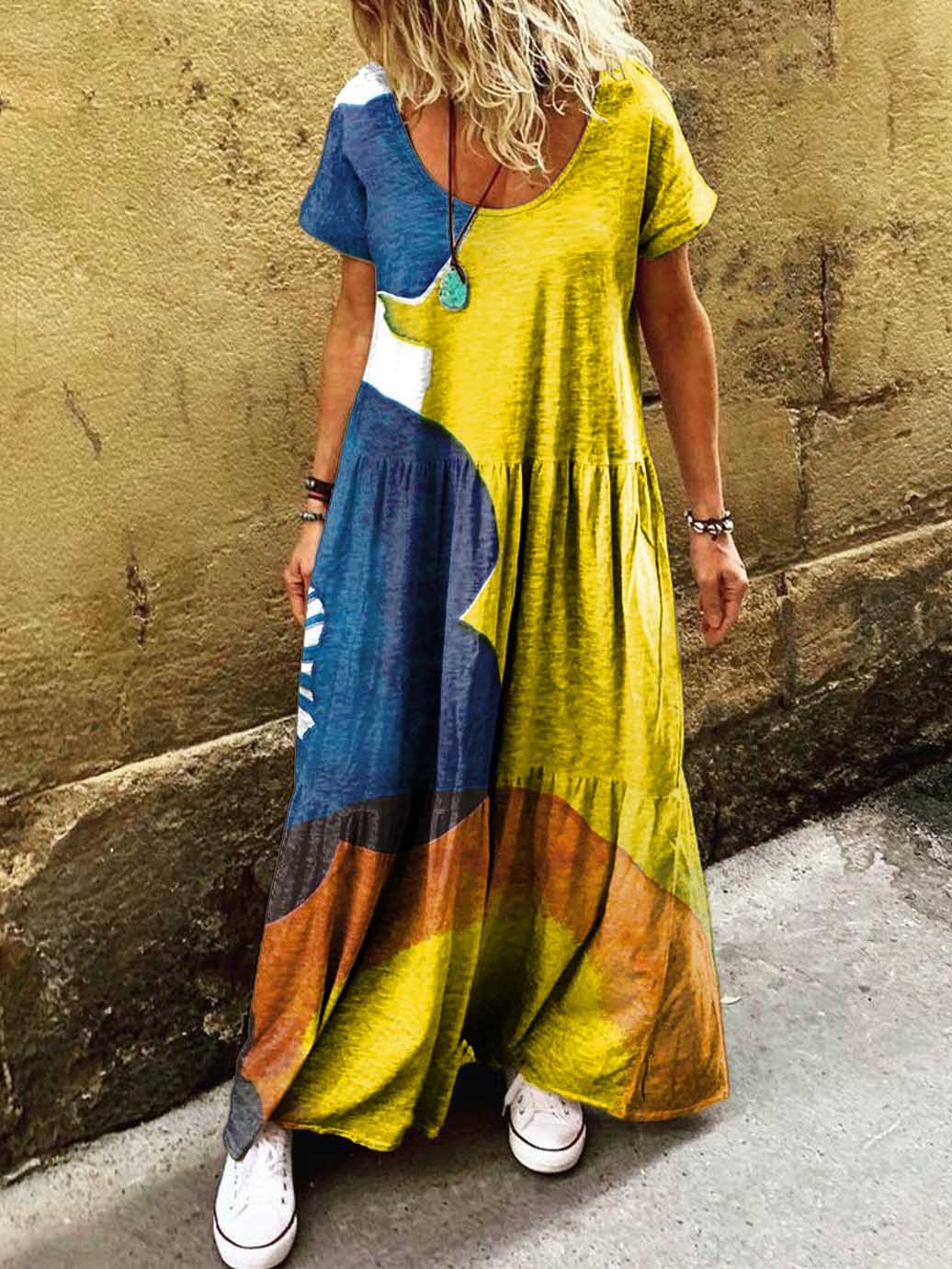 Women's Floral Art Print Pocket Short Sleeve Cotton Dresses