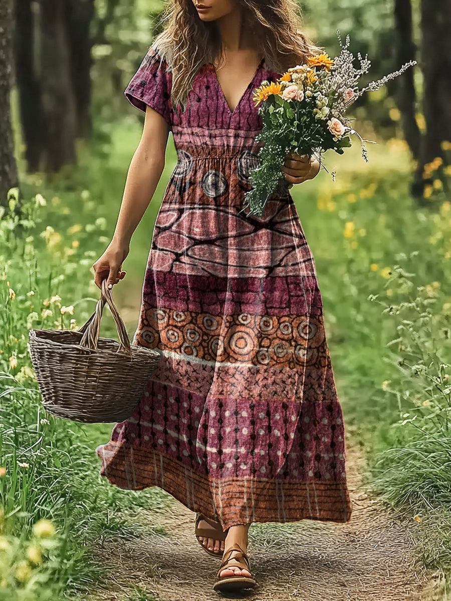 Women's Art Painting Nature Texture Print V-Neck Short Sleeve Dress