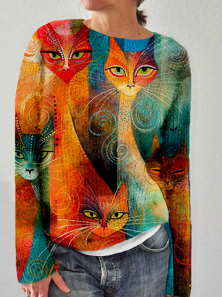 Colorful Cats Art Pattern Crew Neck Cozy Sweater elevenforest