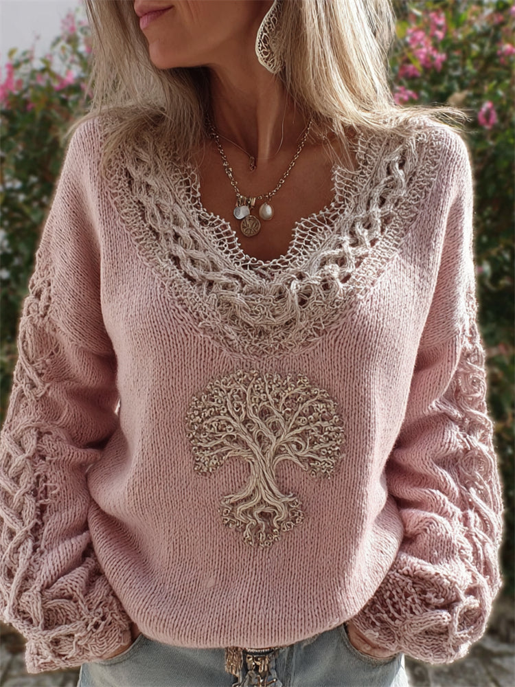 Comstylish Vintage Viking Tree Of Life Lace V Neck Cozy Sweater