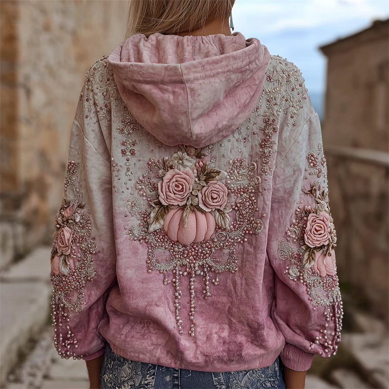 Comstylish Vintage Thanksgiving Pink Pumpkins & Roses Gradient Hoodie