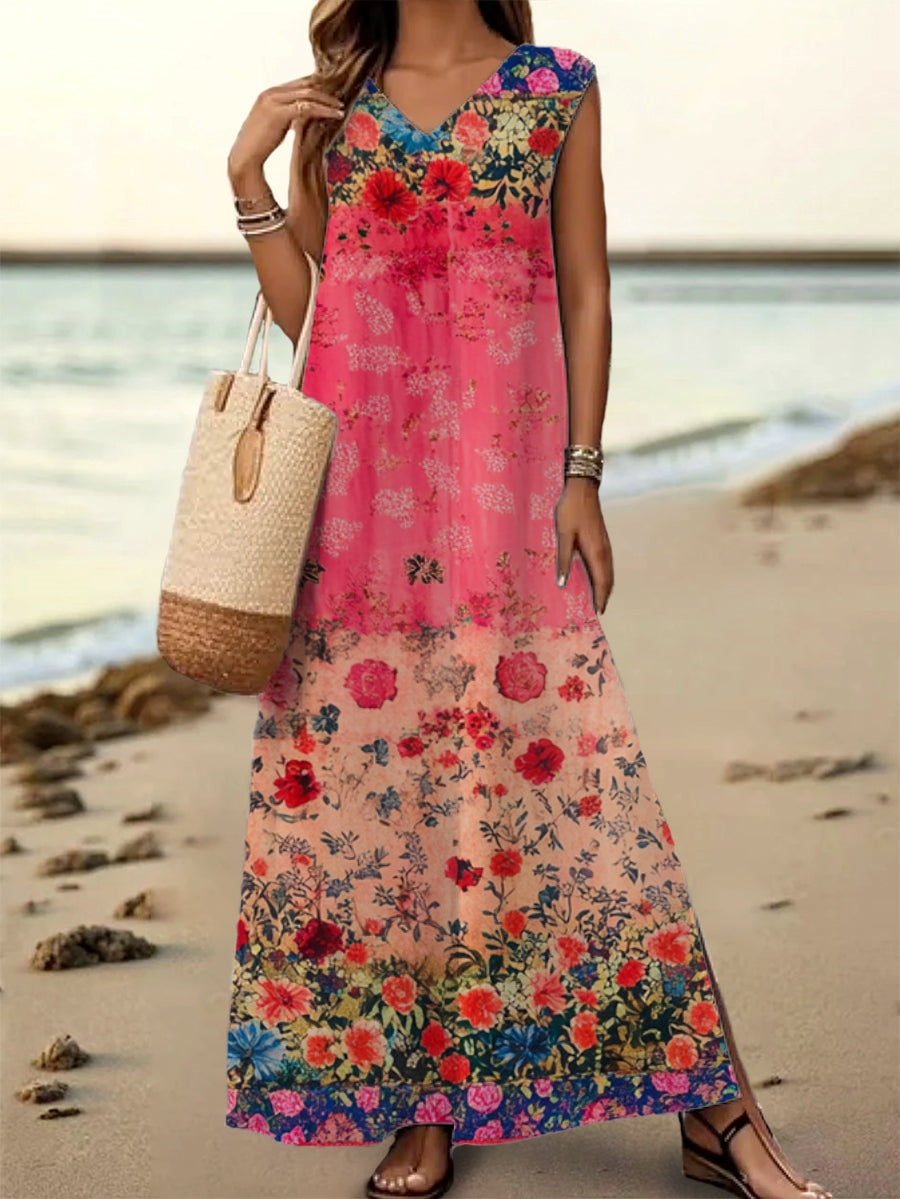 Women's Floral Art Print V-Neck Sleeveless Cotton Pocket Dress