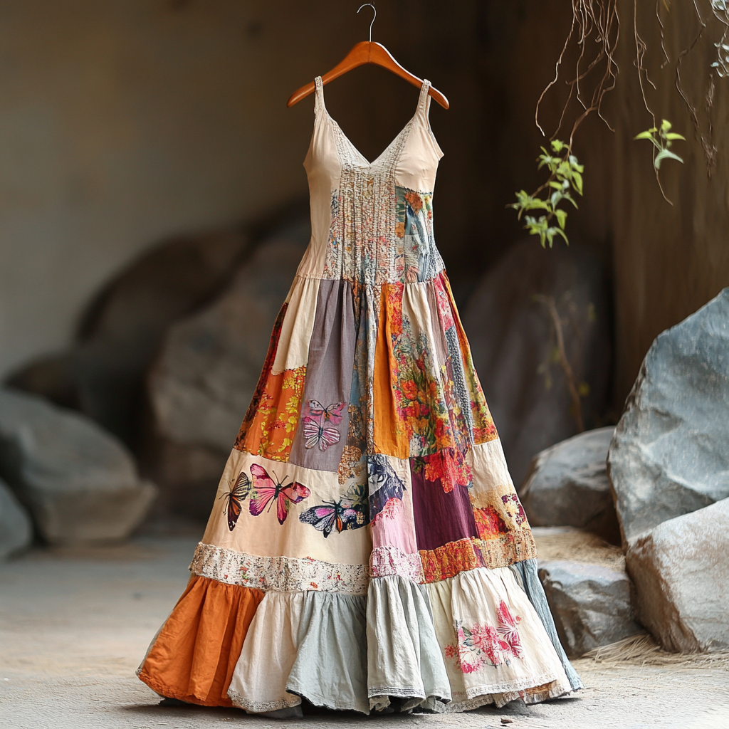 Comstylish Women's Vintage Bohemian Patch Art Pattern Comfort Dress