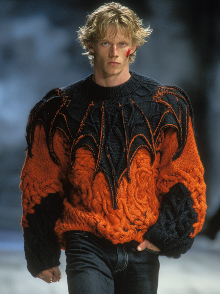 Men's Halloween 3d Embroidered Bat Contrast Warm High Collar Sweater artswardrobe