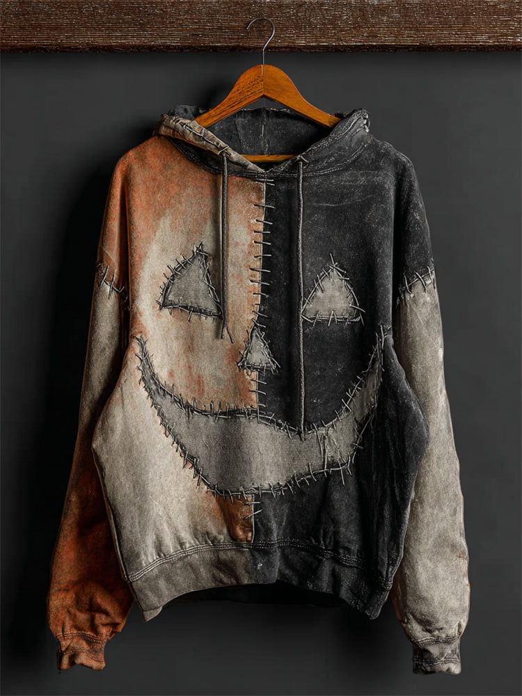 Comstylish Halloween Pumpkin Face Contrast Patchwork Washed Hoodie