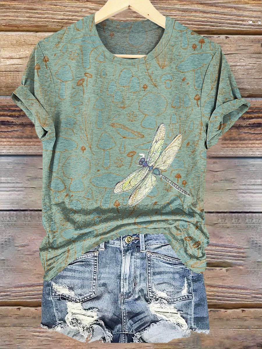 Dragonfly Art Pattern Print Crew Neck T-shirt