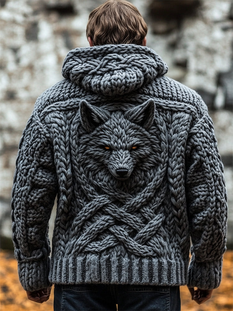 Men's Grey Wolf Viking Celtic Chunky Hooded Cardigan artswardrobe