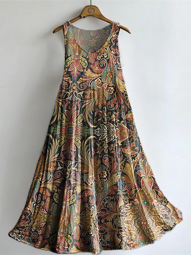 Women's Retro Ethnic Totem Art Pattern Print Sleeveless Cotton Pocket