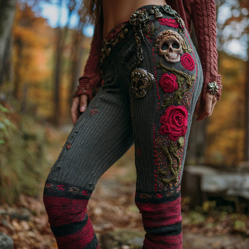 Women's Vintage Sugar Skull Rose Pattern Comfort Leggings artswardrobe