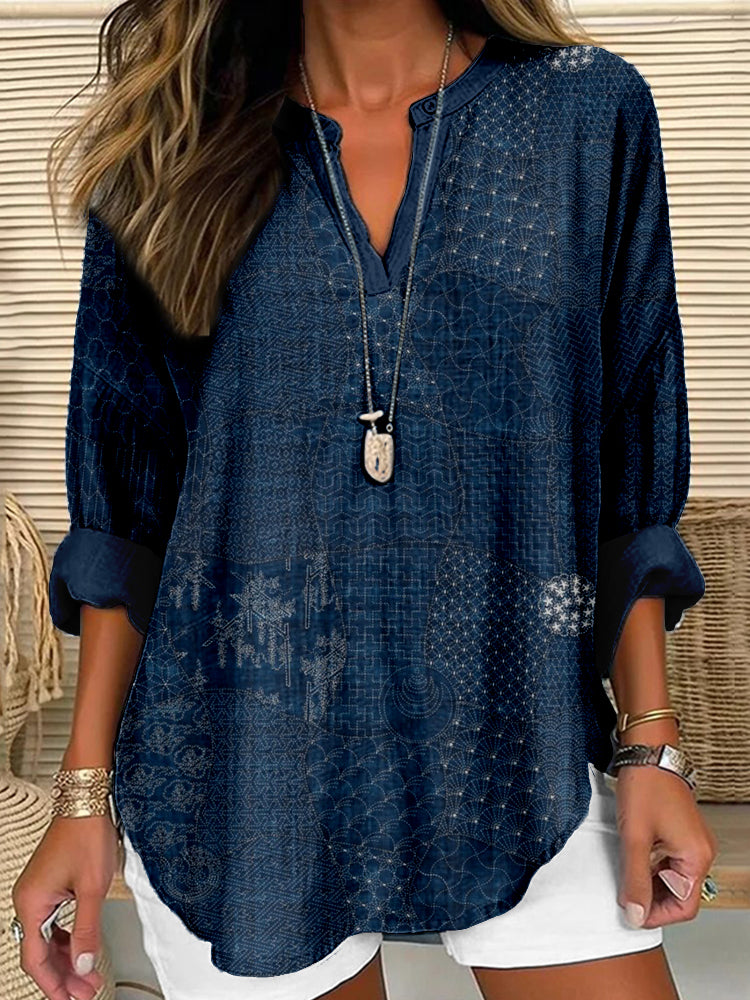 Comstylish Japanese Traditional Sashiko Art Linen Blend Tunic