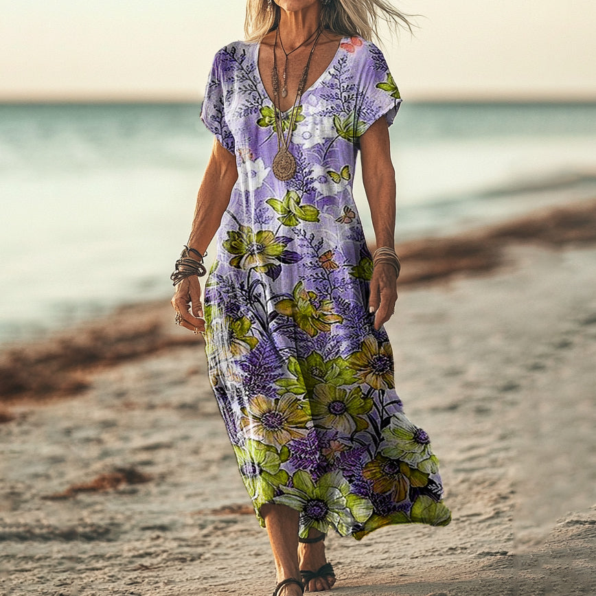 Women's Folk Flower Art Print V Neck Pocket Cotton Dress