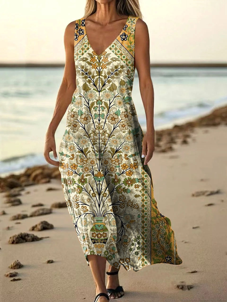 Women's Ethnic Floral Pattern Art Print Pocket Cotton Dresses