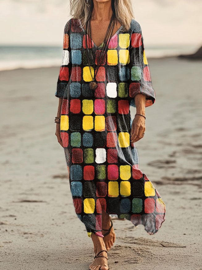 Women's Colorful Square Patchwork Pattern Art Print Pocket Cotton Dres