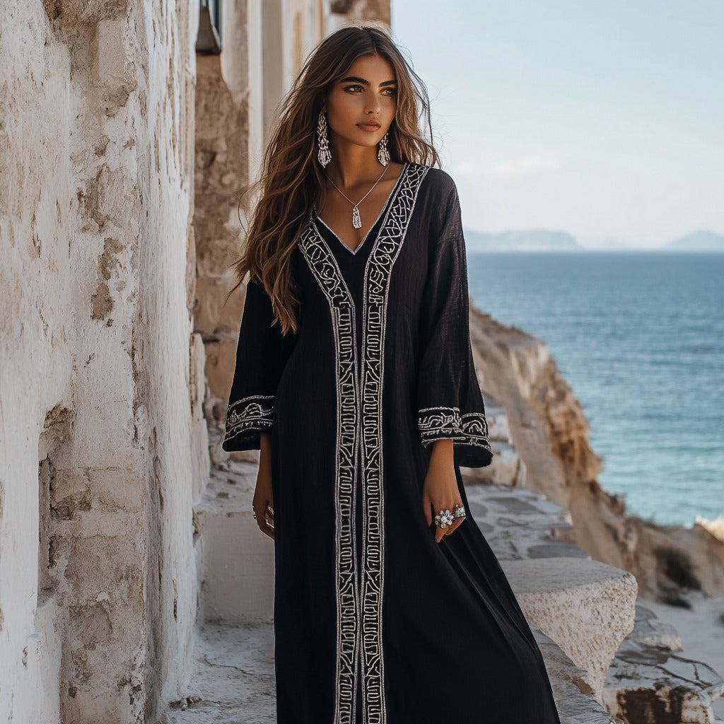 Elegant Greek Key V Neck Linen Blend Maxi Dress artswardrobe