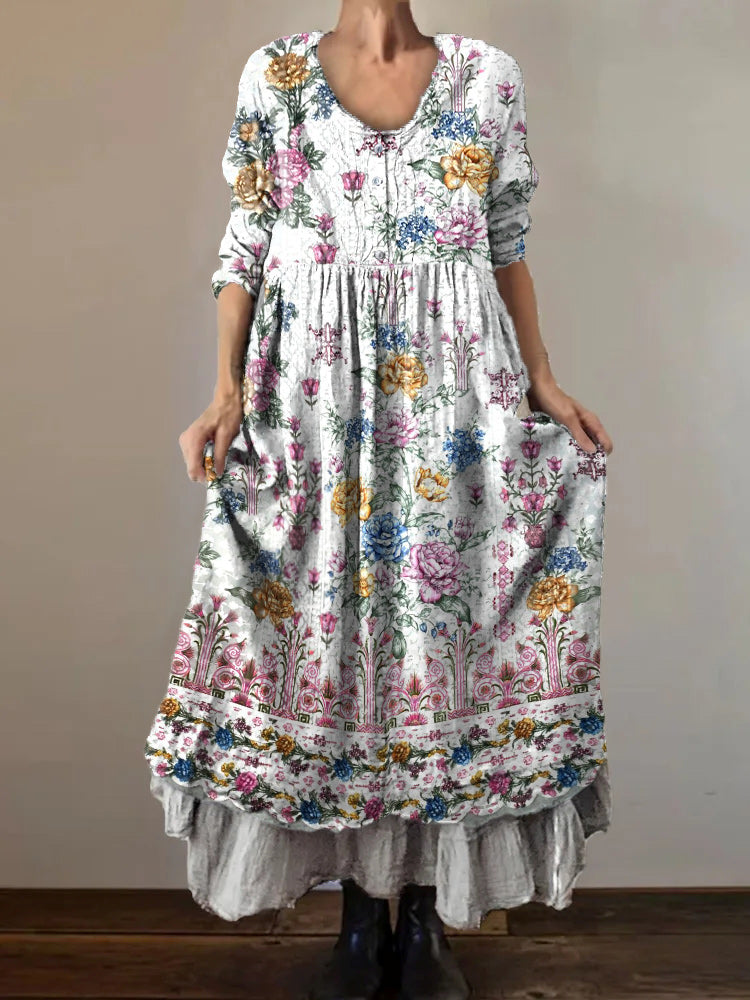 Women's Art Floral Hippie Vintage Print V Neck Dress