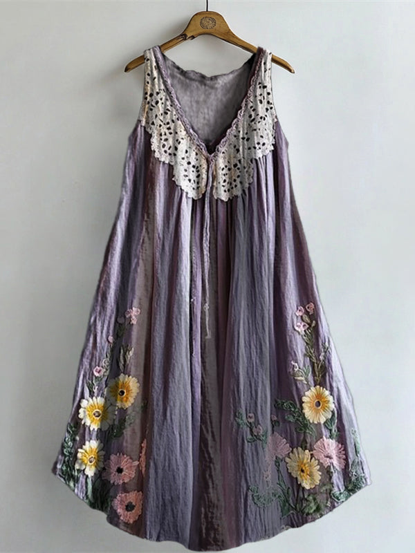 Women's Vintage Lace Floral Art Print V-neck Pocket Cotton Dress