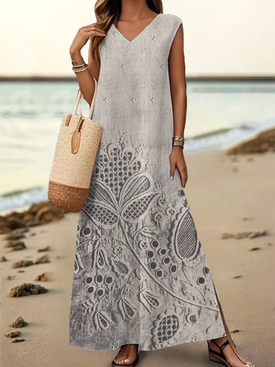 Women's Floral Art Print V-Neck Sleeveless Cotton Pocket Dress