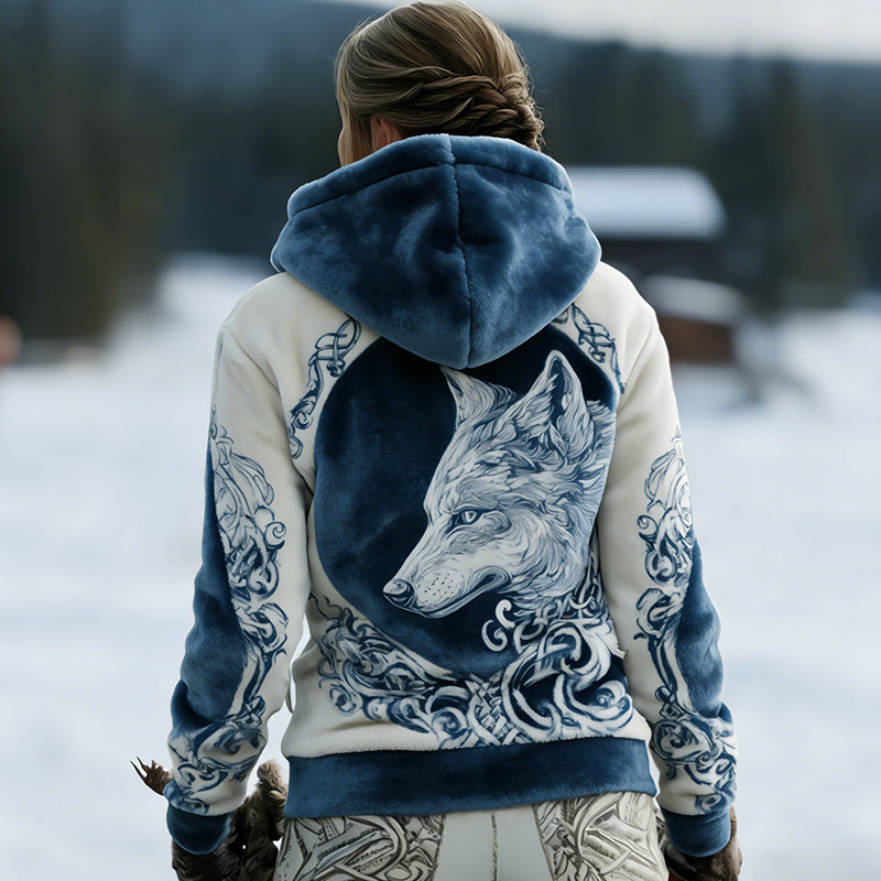 Comstylish Women's Vintage Viking Celtic Knot And Wolf Pattern Color-blocked Comfortable Plush Hoodie