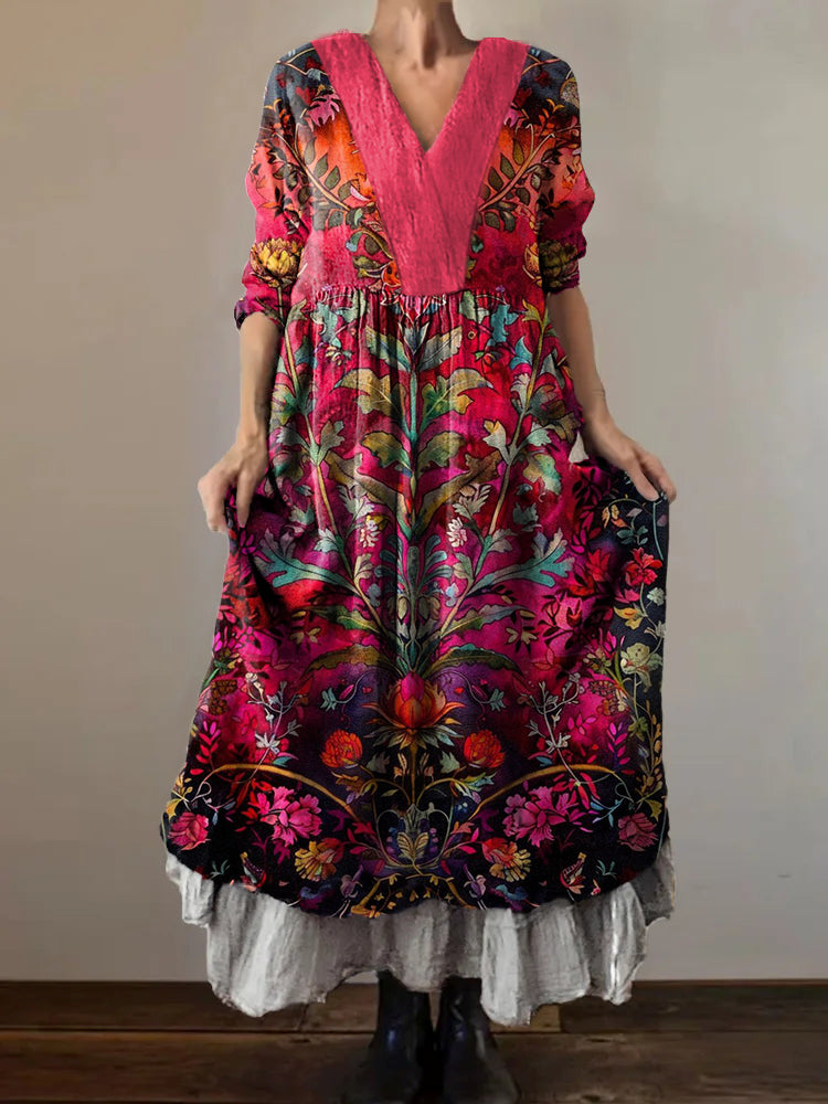 Women's Vintage Floral Art Print V-Neck Button Pocket Cotton Dress