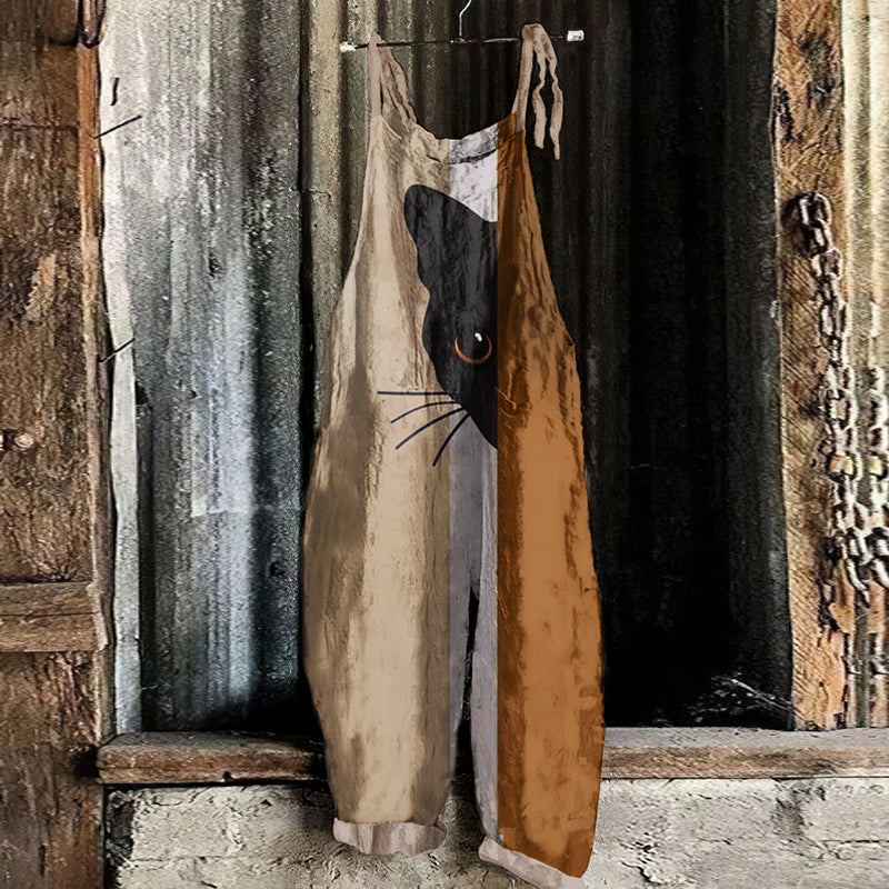 Comstylish Abstract Cat Painting Art Loose Casual Jumpsuit