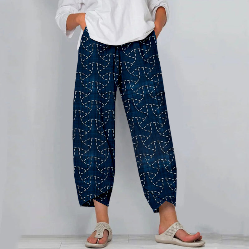 Comstylish Japanese Traditional Sashiko Art Linen Cropped Pants