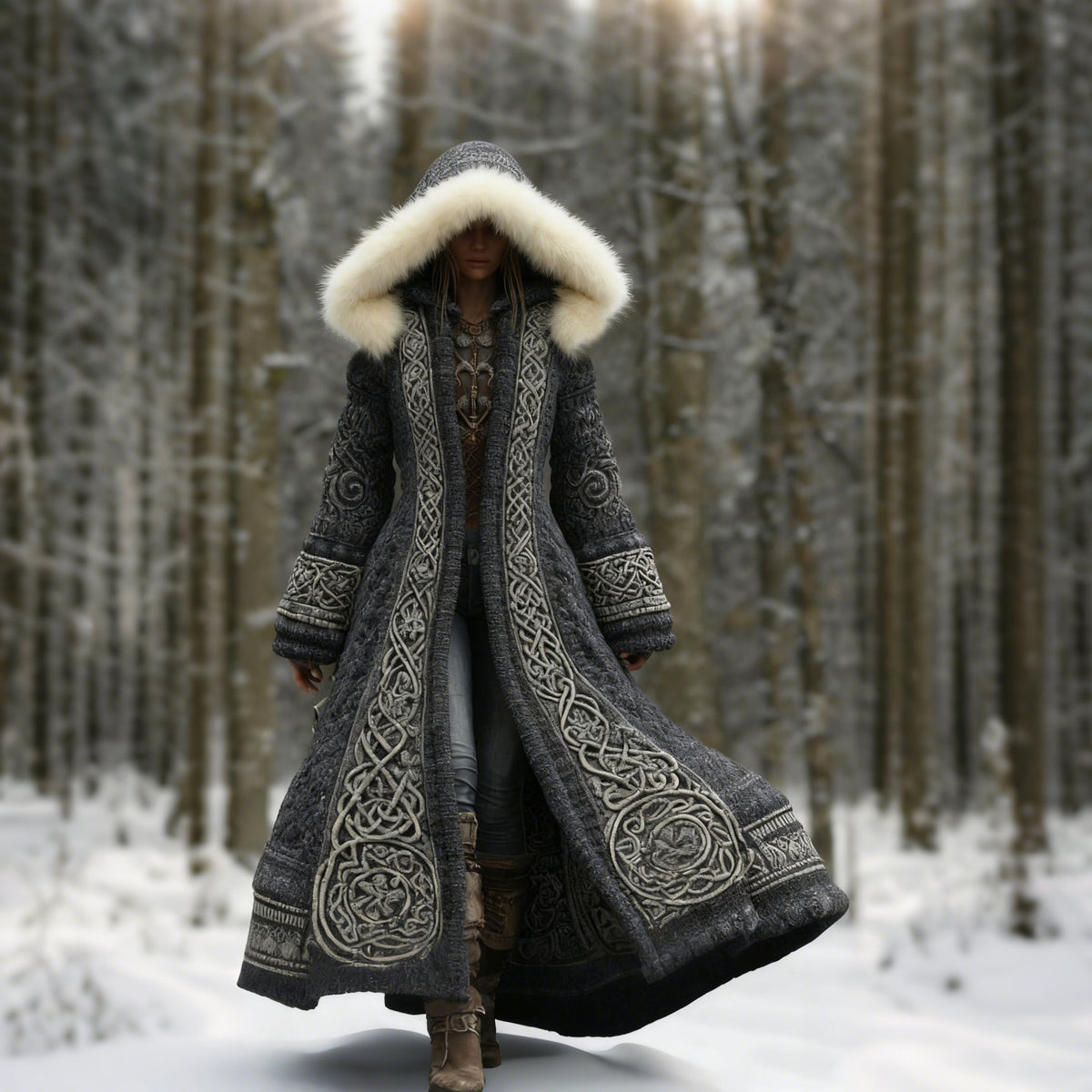 Comstylish Women's Viking Celtic Knot Knitted Jacquard Cozy Fur Trim Hooded Cardigan