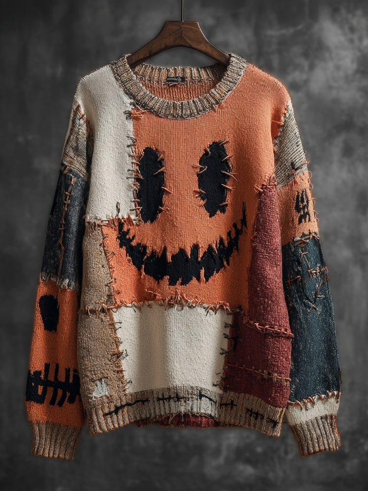 Vintage Halloween Spooky Face Colorblock Patchwork Knitted Sweater artswardrobe