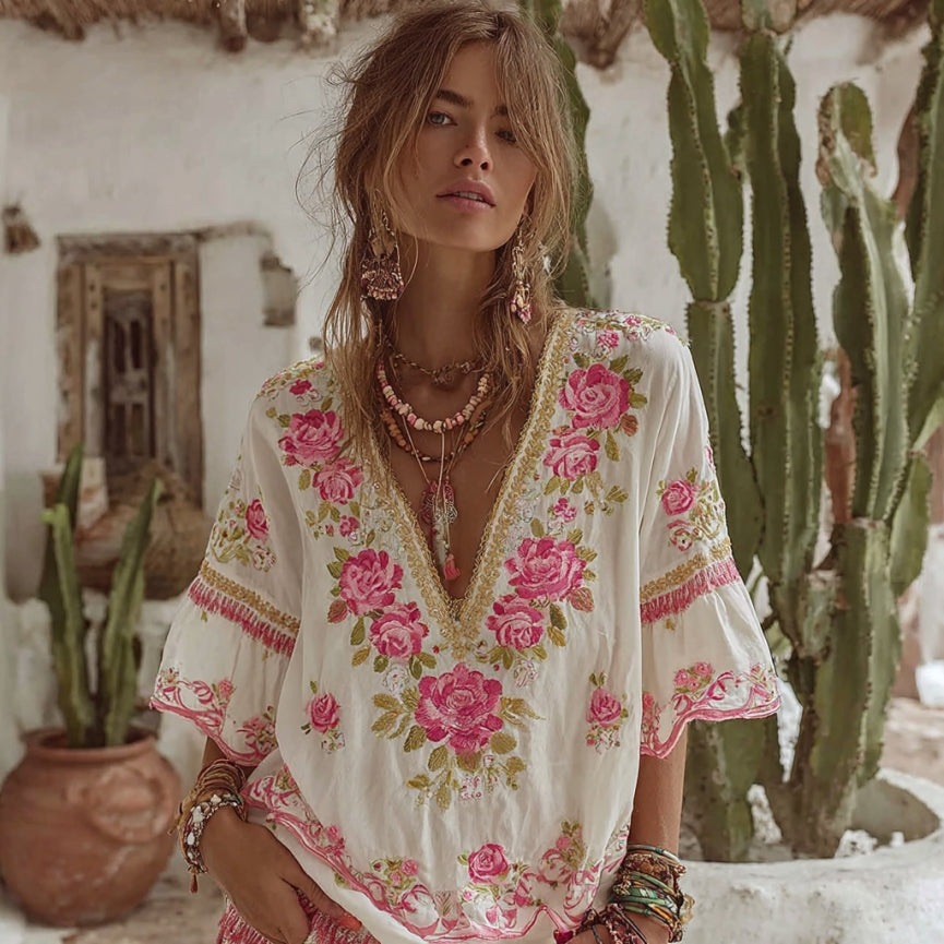 Women's Vintage Floral Embroidery Art V Neck Linen Comfy T-shirt artswardrobe