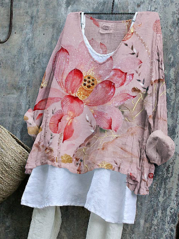 Comstylish Lotus Flowers Glitter Japanese Art Linen Blend Tunic