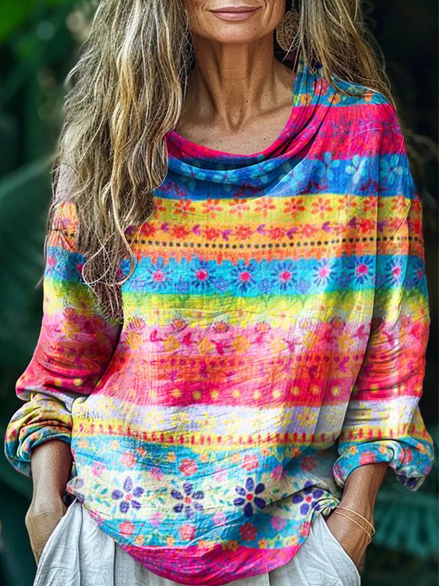 Women's Vintage Floral Patchwork Art Print Casual Long Sleeve Comforta