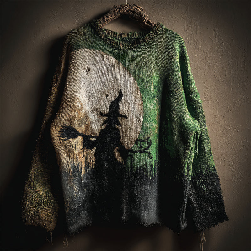Halloween Night Witch Silhouette Dyed Cozy Knit Sweater artswardrobe