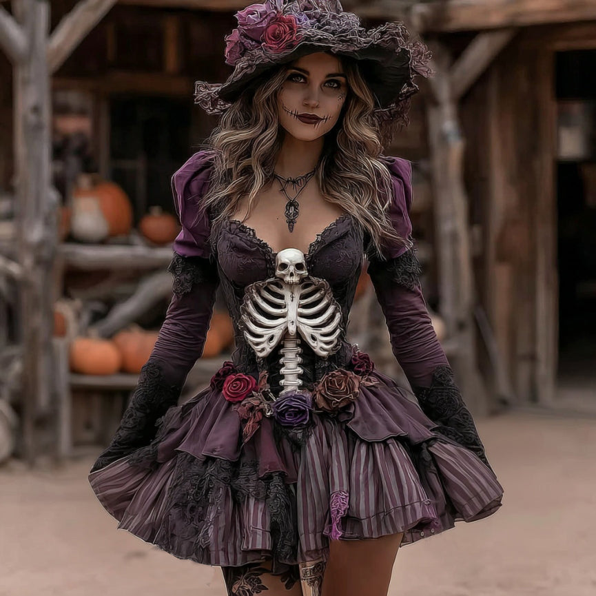 Comstylish Women's Halloween Rose Skeleton Witch Cosplay Midi Dress