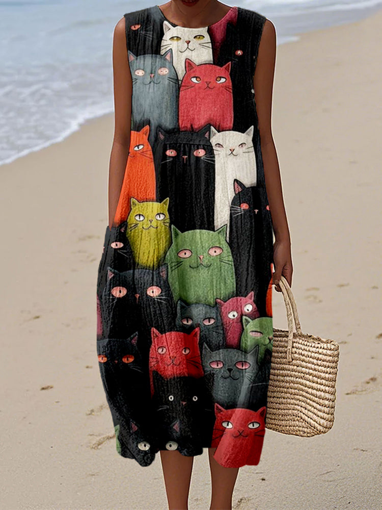 Cute Crowded Cats Graphic Linen Tank Dress elevenforest