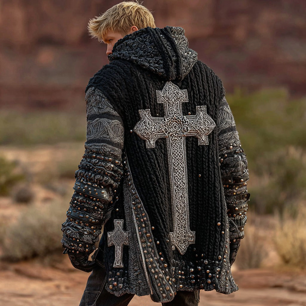 Men's Dark Style Cross Inspired Knitted Cozy Zipper Up Midi Hooded Cardigan artswardrobe