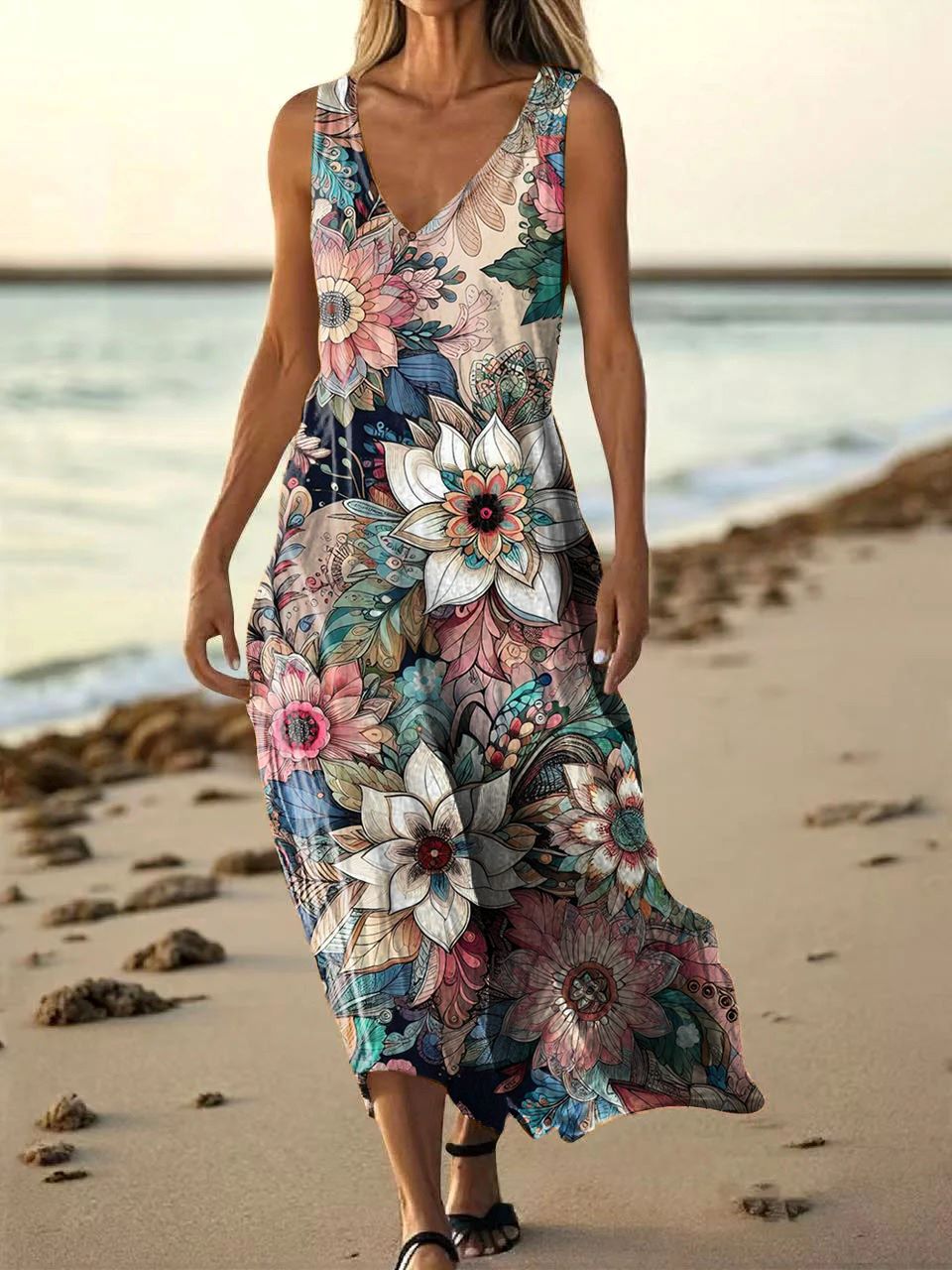 Women's Floral Art Print Pocket Cotton Dresses