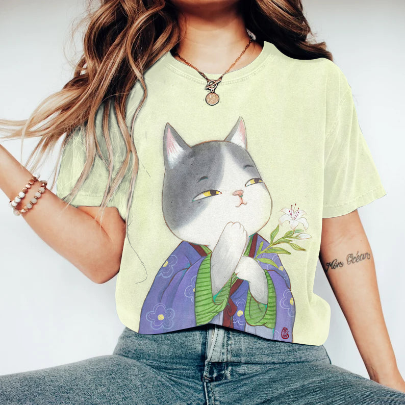 Funny Cat In Kimono Print T-shirt elevenforest