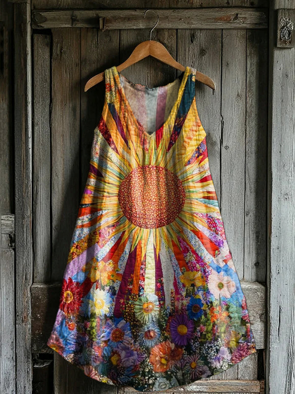 Women's Colorful Sun Collage Art Print V-neck Pocket Cotton Dress