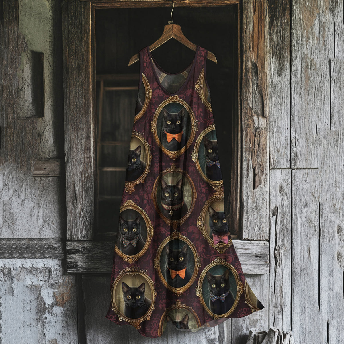 Comstylish Women's Vintage Cat Bow Pattern Cotton And Linen Dress