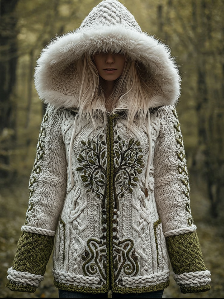 Viking Retro Style Women's Winter Warmth Knit Hooded Sweater Jacket artswardrobe