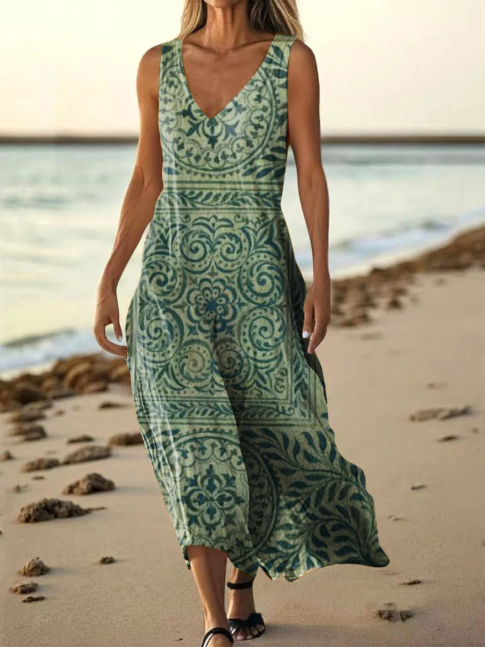 Women's Vintage Bohemian Floral Art Print Pocket Cotton Dress