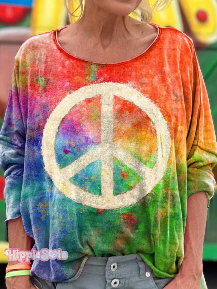 Retro Hippie Peace Sign Love and Peace Rainbow Art Print Casual Long S