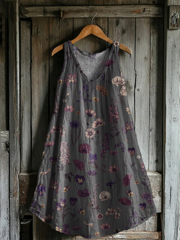 Women's Vintage Ethnic Flower Art Print V-neck Pocket Cotton Dress