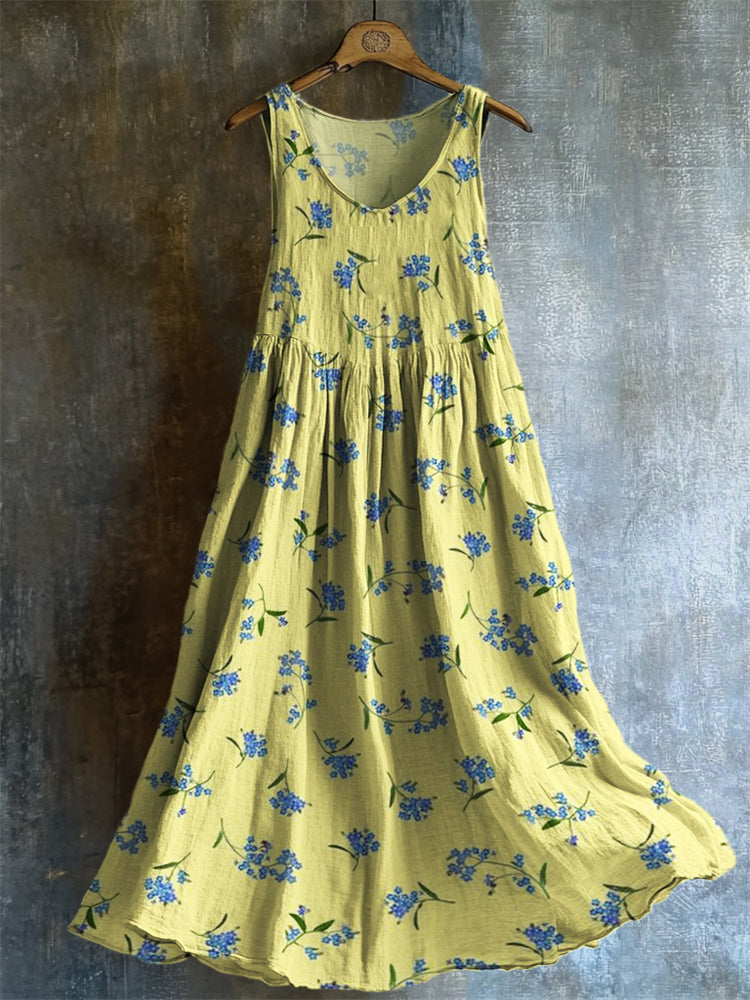 Vintage Cottagecore Floral Contrast Color Linen Tank Dress artswardrobe