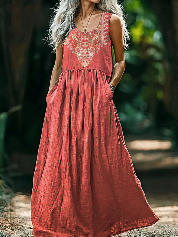 Women's Ethnic Art Print Round Neck Sleeveless Cotton Pocket Dress