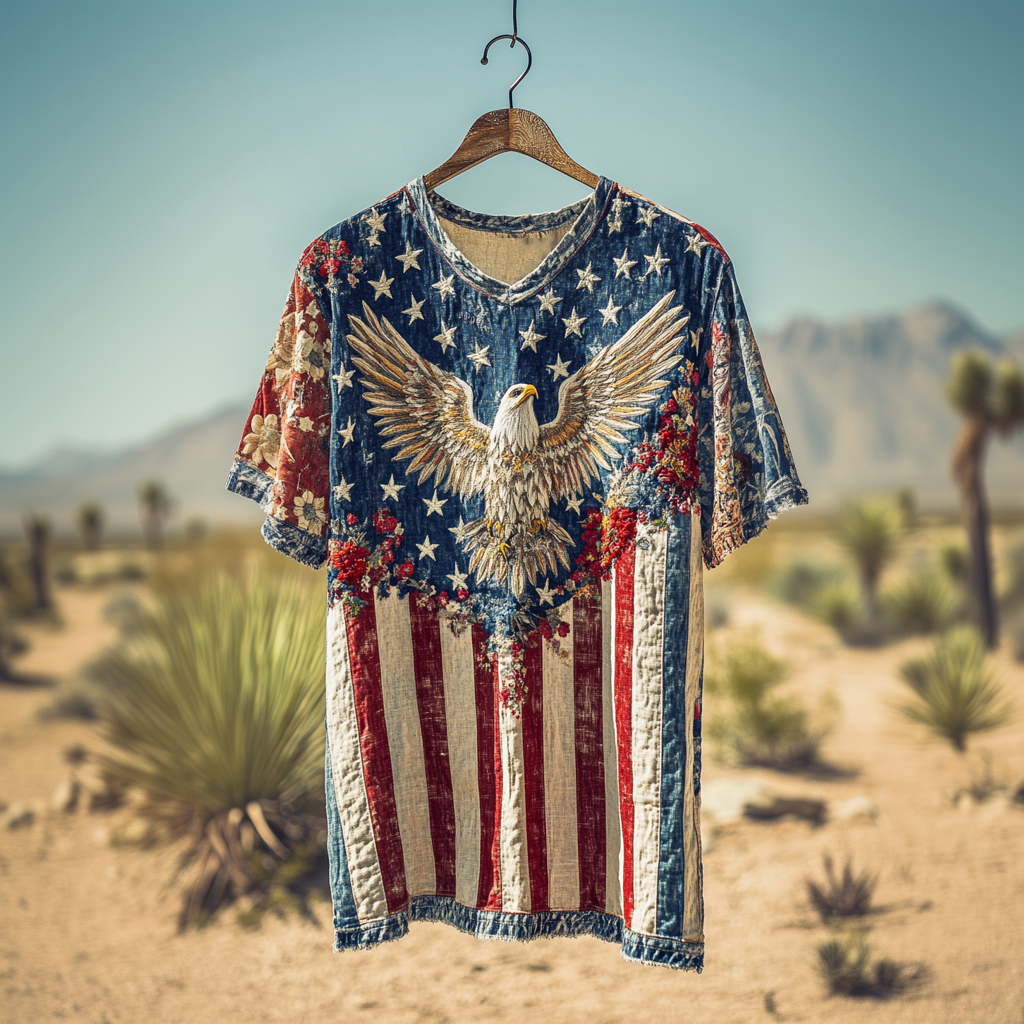 Men's American Flag Independence Day Eagle Pattern Linen T-shirt artswardrobe