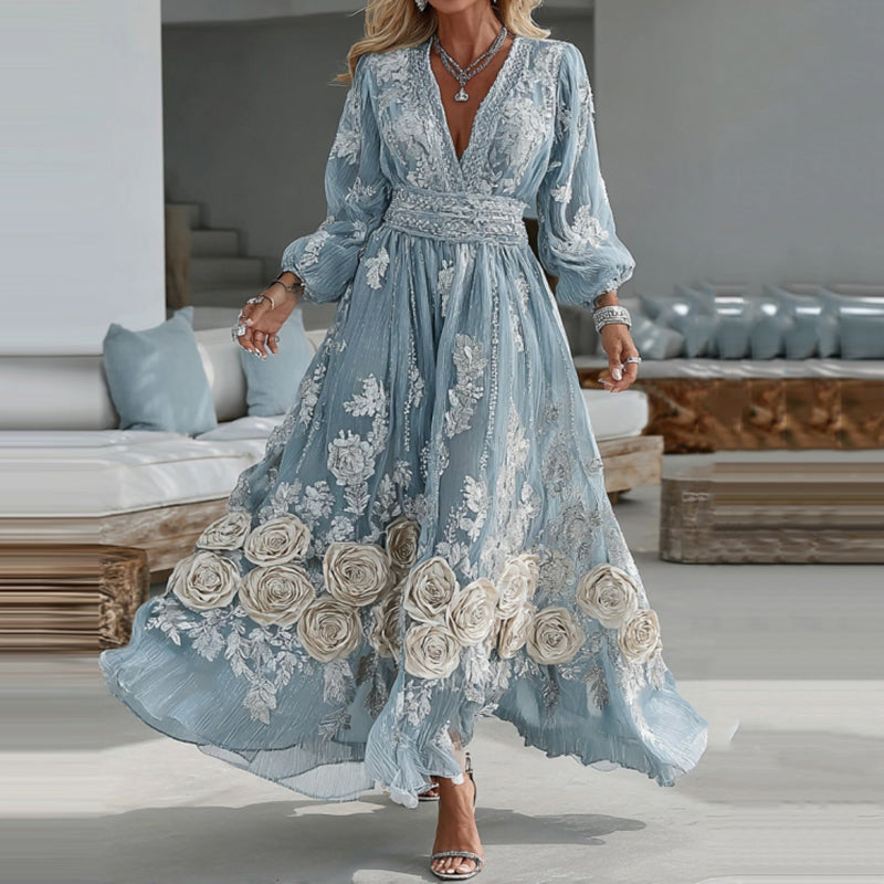 Women's Vintage Blue Rose Embroidery Long Sleeve Casual Maxi Dress artswardrobe