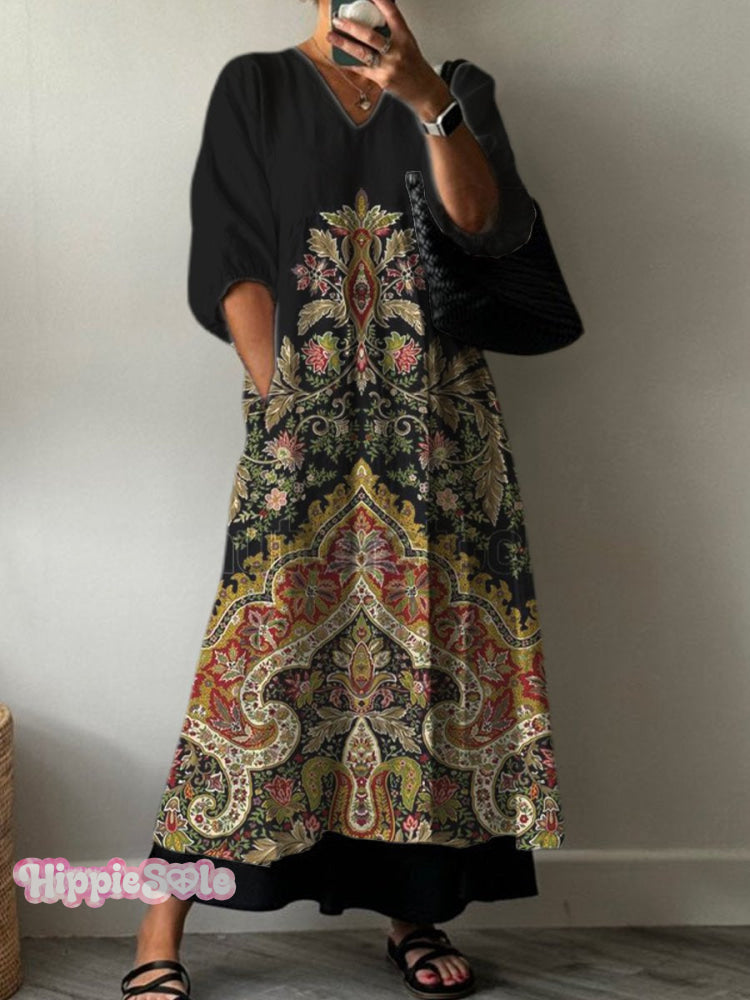 Women's Ethnic Art Print Pocket V-neck Cotton Dress